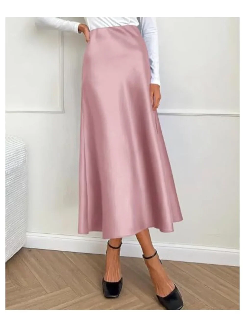 Flowy Satin Midi Skirt High Waist A-Line Women's Business Casual